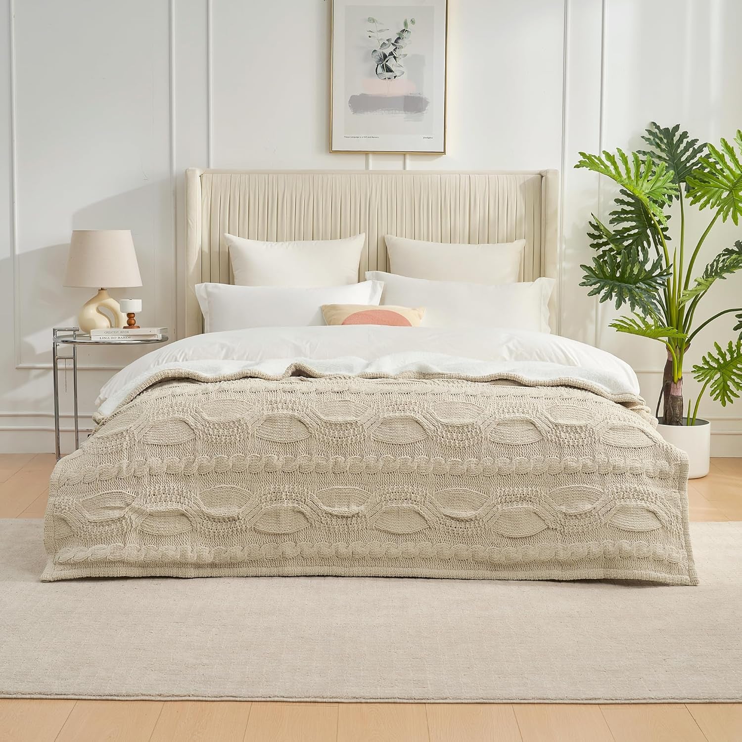 Cable Knit Sherpa Throw Blanket for Couch Twin, Chenille Reversible Soft Cozy Fleece Throw Blankets for Bed Sofa Chair Living Room Comfortable Home Spring Decor, 60"X80", Beige
