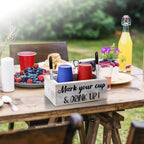 Double Disposable Cup Holder with Marker Slot Wooden Mark Your Cup and Drink up Drink Dispenser 2 Sides Designs for Parties Farmhouse Bar Christmas Housewarming Party Holiday Decor,Hostess Gifts