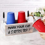 Double Disposable Cup Holder with Marker Slot Wooden Mark Your Cup and Drink up Drink Dispenser 2 Sides Designs for Parties Farmhouse Bar Christmas Housewarming Party Holiday Decor,Hostess Gifts