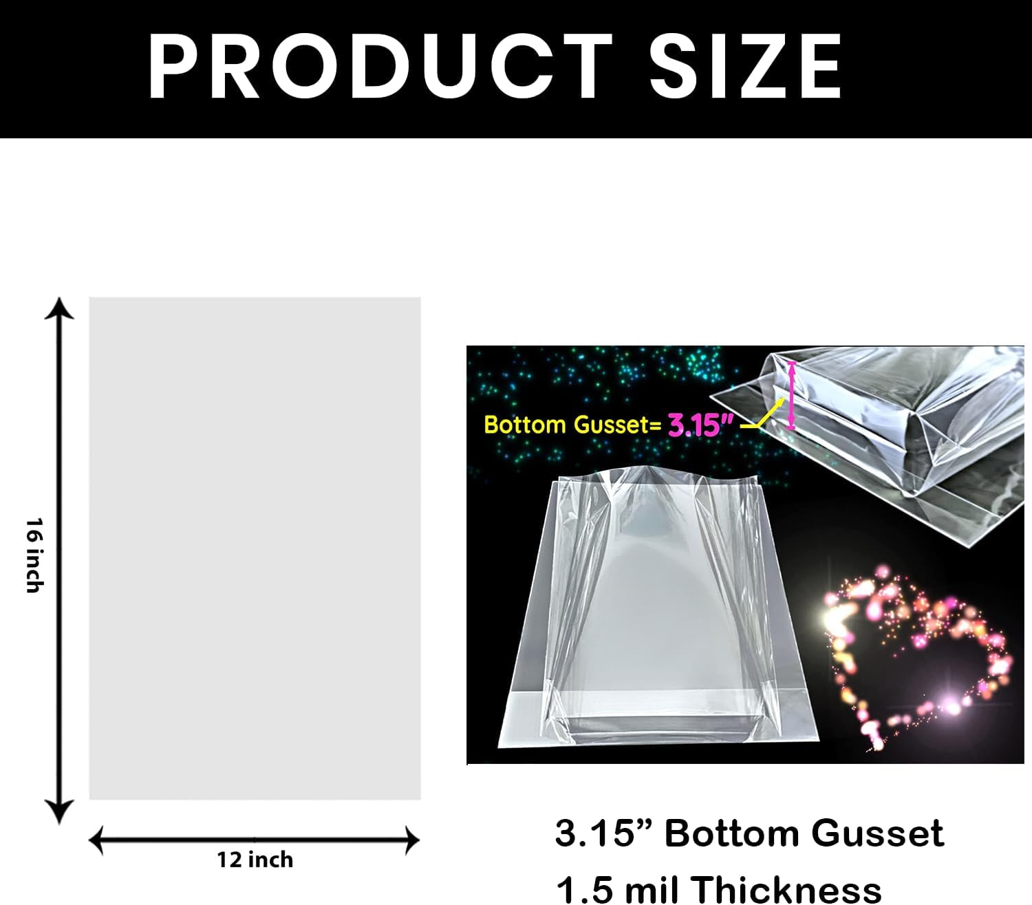12"X 16", 100Pcs Bottom Gusset Bags, Clear Plastic Cellophane Mug Treat Goodie Gift Bags with 100X Twist Ties, Large Party Favor Packaging, Toy Wrapping (No Side Gusset)