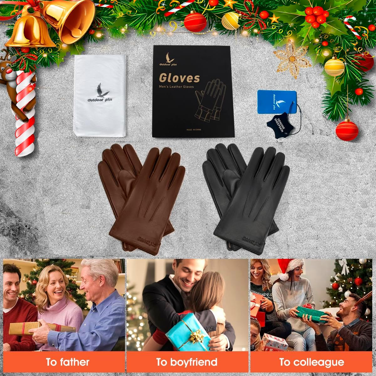 Brown Warm Leather Gloves for Men, L, Winter Driving Leather Gloves, Touchscreen, Genuine Sheepskin Gloves Gift for Dad, Boyfriend, Father, Grandfather, Son, Husband, Christmas Day.