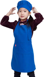 Kids Apron and Chef Hat Set, Children'S Adjustable Bib Apron with 2 Pockets. Cute Boys Girls Kitchen Apron for Cooking, Baking, Painting, Training Wear (6-12 Year, Blue)