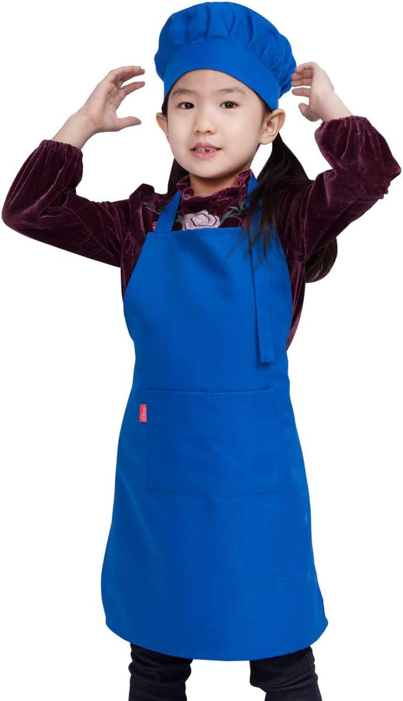 Kids Apron and Chef Hat Set, Children'S Adjustable Bib Apron with 2 Pockets. Cute Boys Girls Kitchen Apron for Cooking, Baking, Painting, Training Wear (6-12 Year, Blue)
