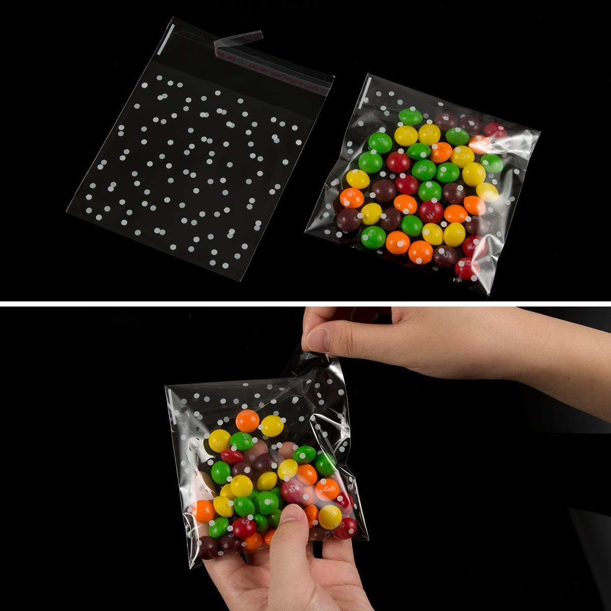 400PCS White Polka Dot Treat Bags Set Self Adhesive Candy Cookie Bags Set, 200 Cellophane Bags + 200 Thank You Sticker for Bakery Biscuit Chocolate Snacks Dessert (5.5X5.5Inches, White Polka Dot+Sticker)