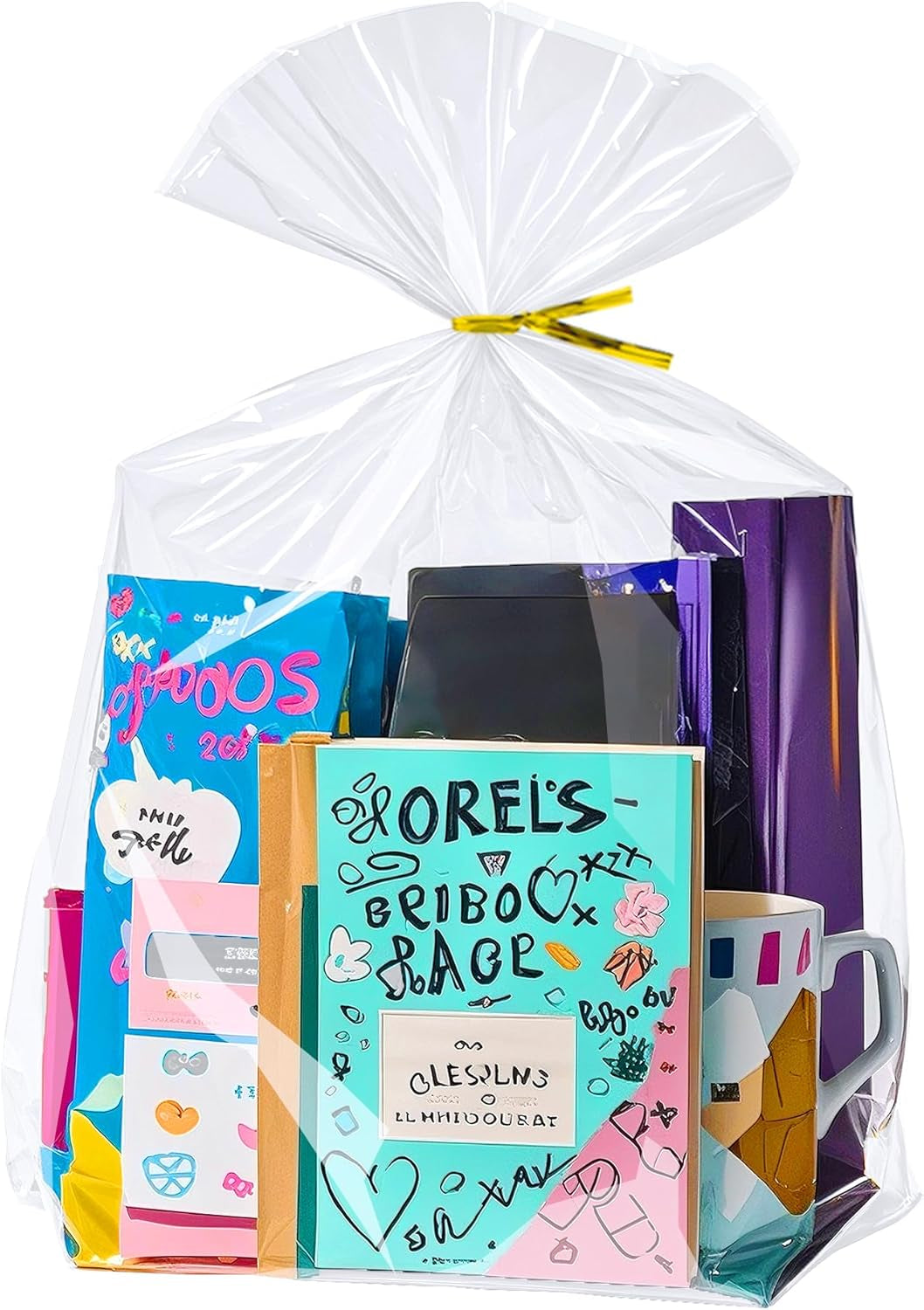 12"X 16", 100Pcs Bottom Gusset Bags, Clear Plastic Cellophane Mug Treat Goodie Gift Bags with 100X Twist Ties, Large Party Favor Packaging, Toy Wrapping (No Side Gusset)