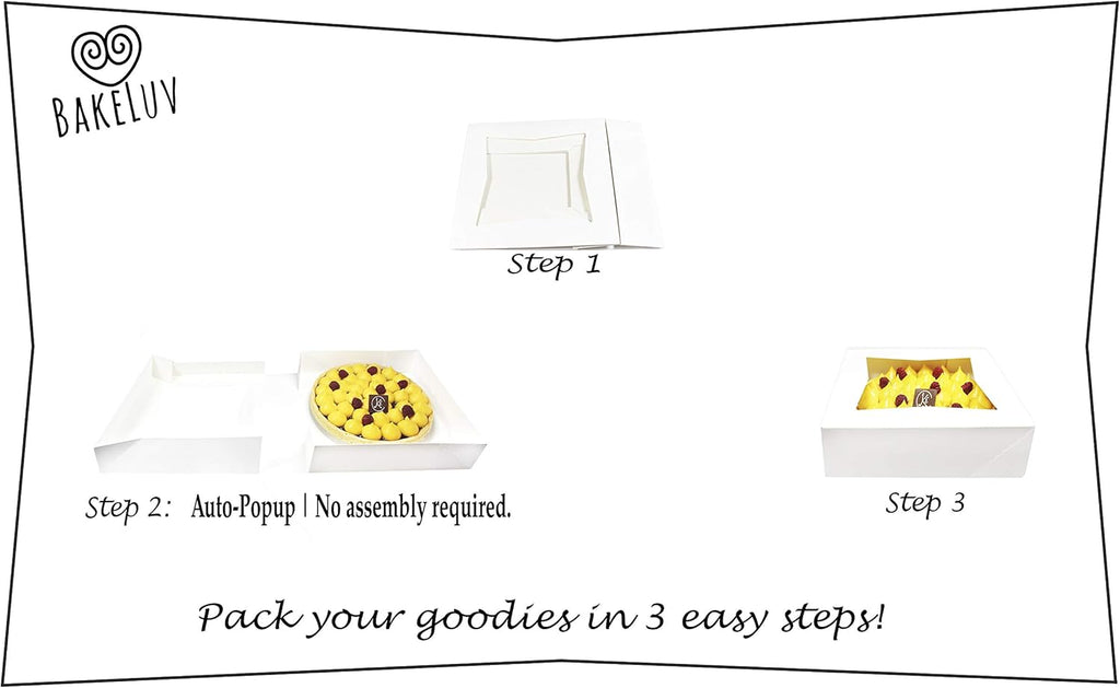 Pie Boxes for 9 Inch Pie | White, 25 Pack | 9X9X2.5 Bakery Box with Window, 9X9 Cookie Box, 9 Inch Pastry Boxes with Window Bulk, Cake Boxes, Auto Pop Up