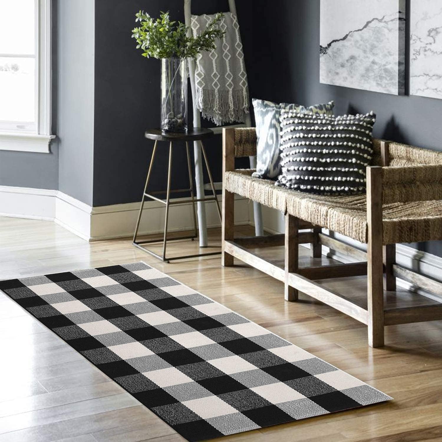Buffalo Plaid Rug 24 X 51 Inch for Layered Hello Door Mats Washable Black and White Reversible Checked Outdoor Rugs Carpet for Front Door Entryway