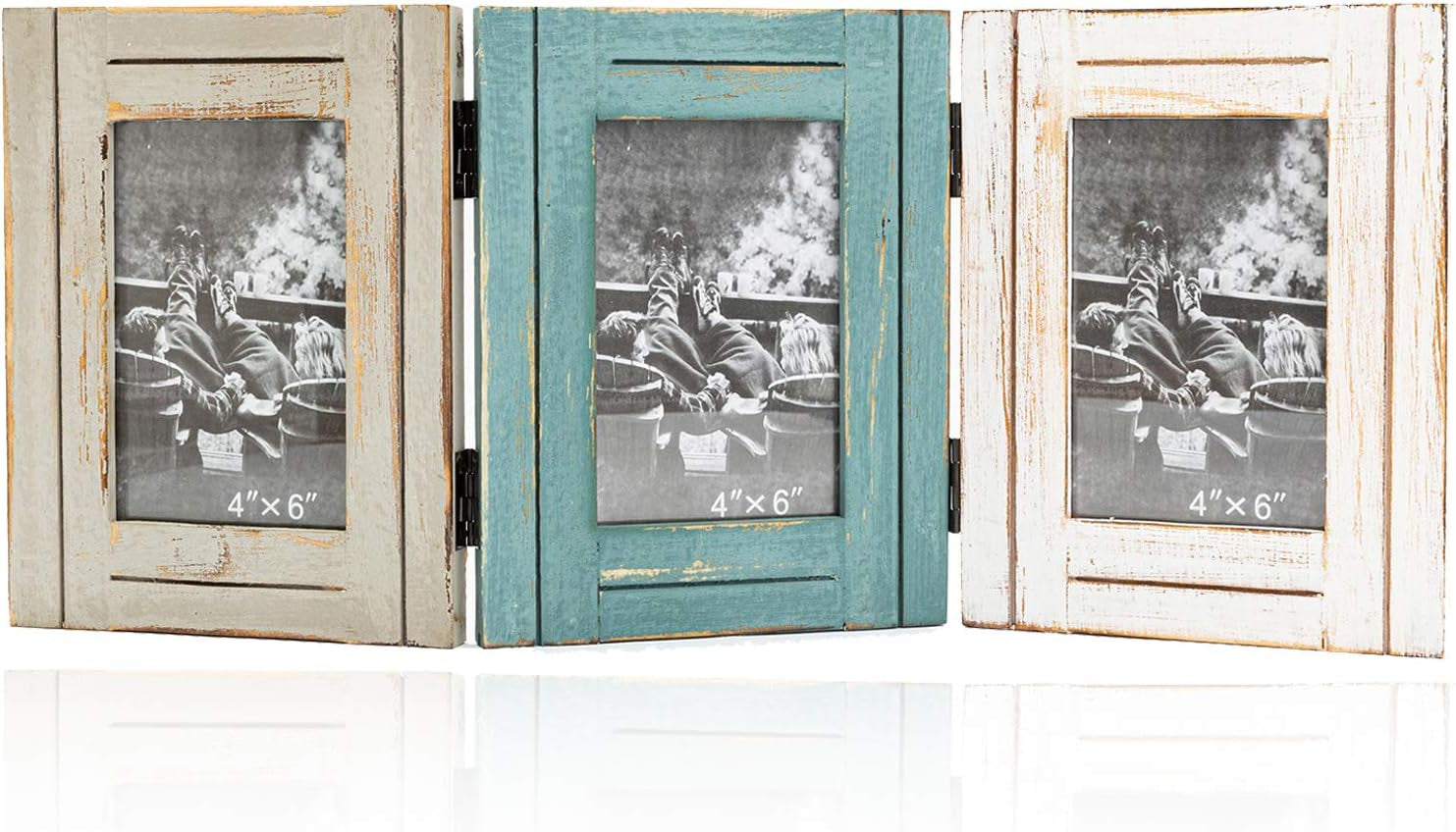 Rustic 3 Picture Frame 4X6 Triple Hinged Distressed Photo Frame for Tabletop Display, Picture College Frame Present for Holiday, Festival, Christmas