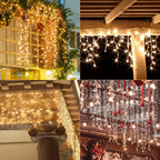 33Ft 400 Leds Indoor Outdoor Christmas Icicle Lights with 48 Drops, 8 Modes Waterproof Curtain Fairy Lights with Memory Function, Garden Wall Eaves Halloween Christmas Decoration, Warm White