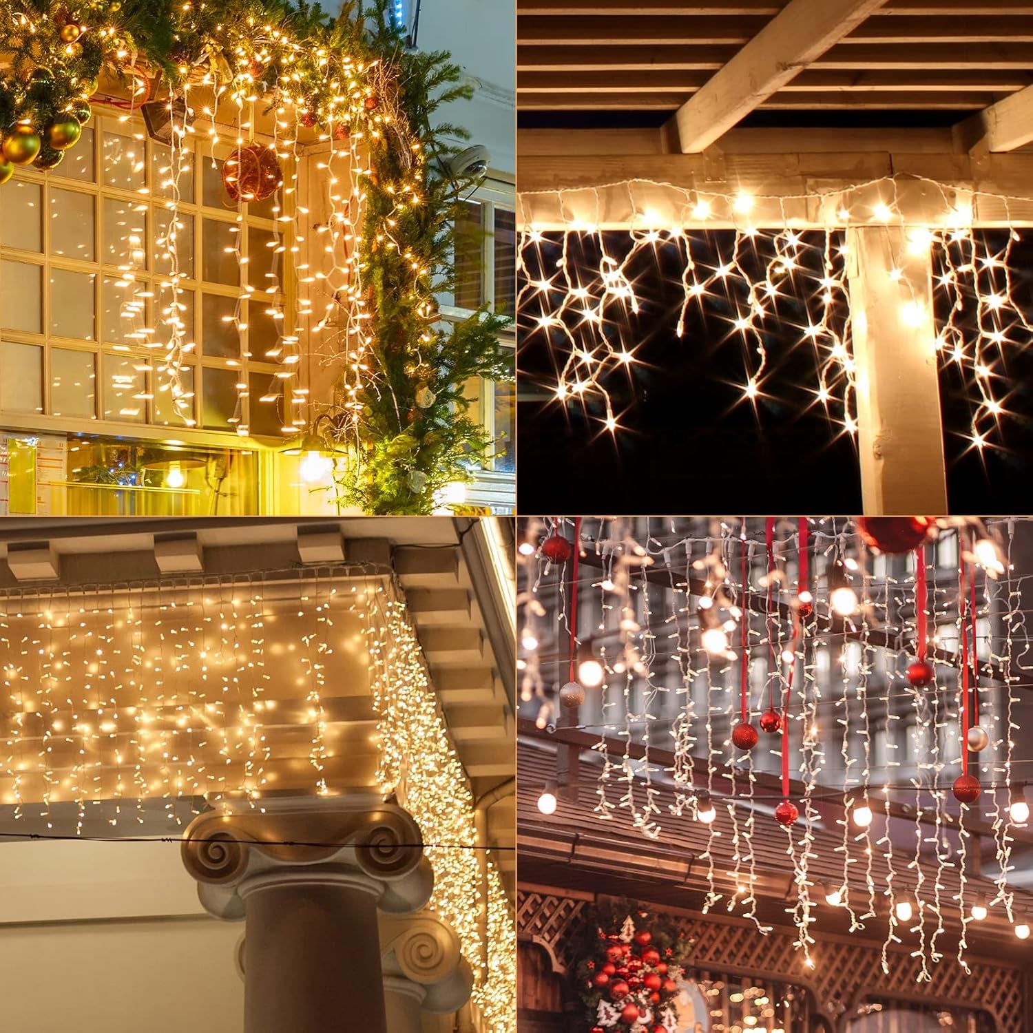 33Ft 400 Leds Indoor Outdoor Christmas Icicle Lights with 48 Drops, 8 Modes Waterproof Curtain Fairy Lights with Memory Function, Garden Wall Eaves Halloween Christmas Decoration, Warm White