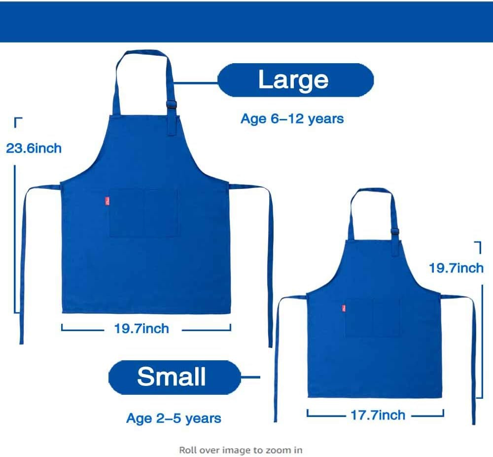 Kids Apron and Chef Hat Set, Children'S Adjustable Bib Apron with 2 Pockets. Cute Boys Girls Kitchen Apron for Cooking, Baking, Painting, Training Wear (6-12 Year, Blue)