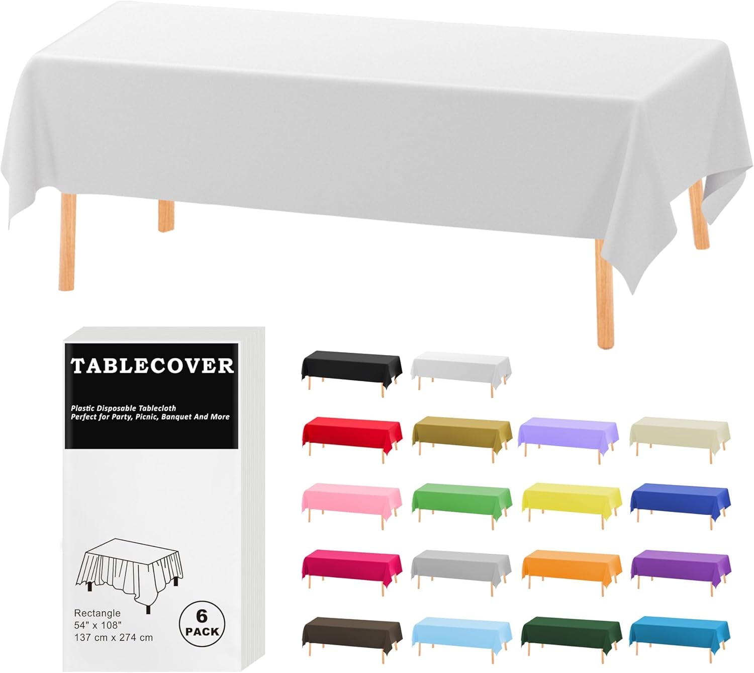 Plastic Table Cloth Disposable, 6 Pack White Rectangle Tablecloth Individually Wrapped for Indoor&Outdoor, 54 X 108 Inch Table Cover for Party, Picnic, Birthday, Wedding & Dinner