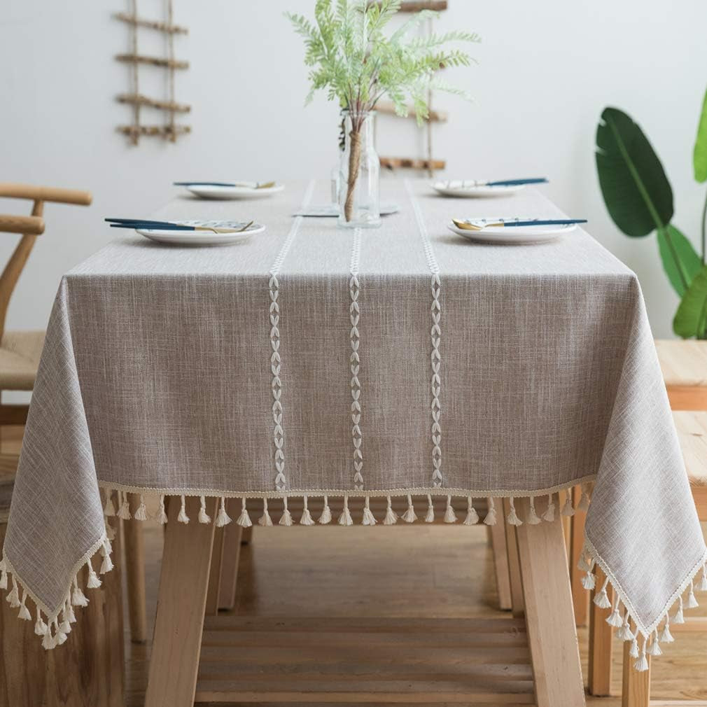 Rustic Burlap Tablecloth, Square, 55 X 55 Inch, Maroon Stripe, Tassel Edge, All-Season, Cotton/Linen, Rectangular, Dinning Room, 4 Seater