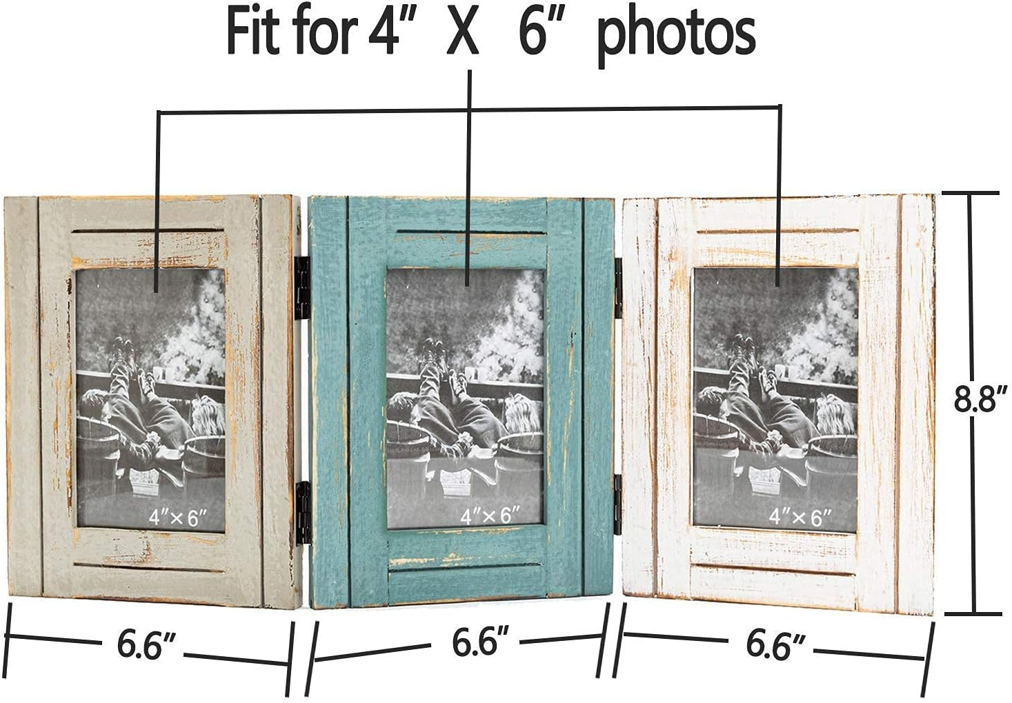 Rustic 3 Picture Frame 4X6 Triple Hinged Distressed Photo Frame for Tabletop Display, Picture College Frame Present for Holiday, Festival, Christmas