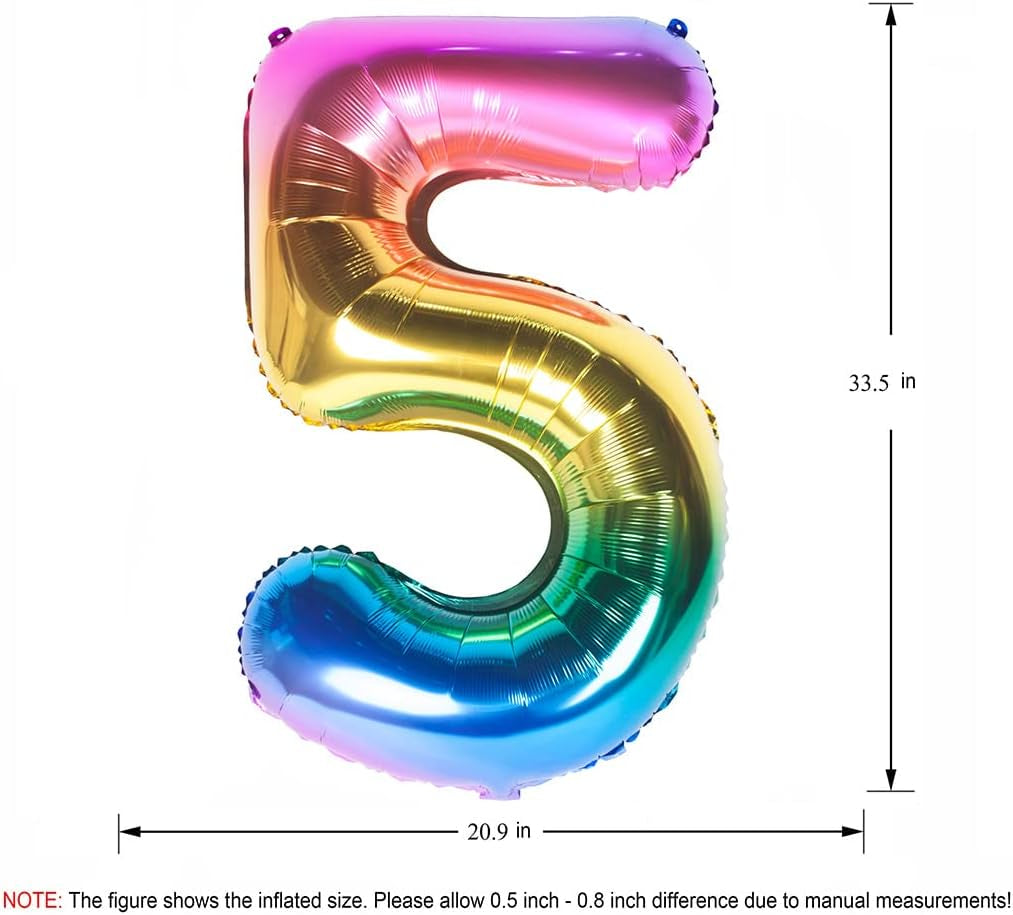 40 Inch Rainbow Large Number 5 Balloons Giant Helium Foil Mylar Digital Gradient Colorful 0 to 9 Balloon 5Th Girl Rainbow Birthday Party Decorations Supplies