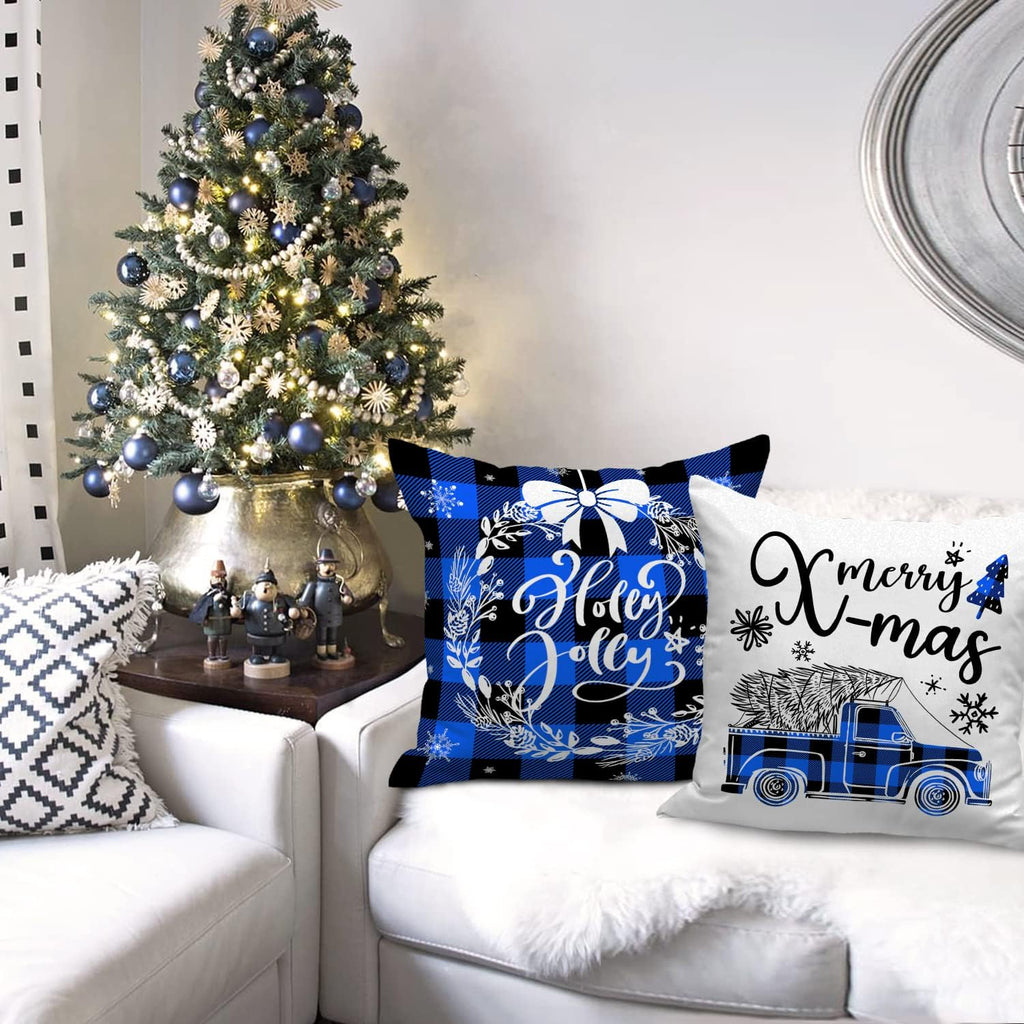 Christmas Throw Pillow Covers 16X16 Set of 4, Decorative Holiday Farmhouse Merry Xmas 16 X 16 Buffalo Check Plaid Cushion Pillow Cases for Outdoor Indoor Home House Room Couch Decor (Blue)