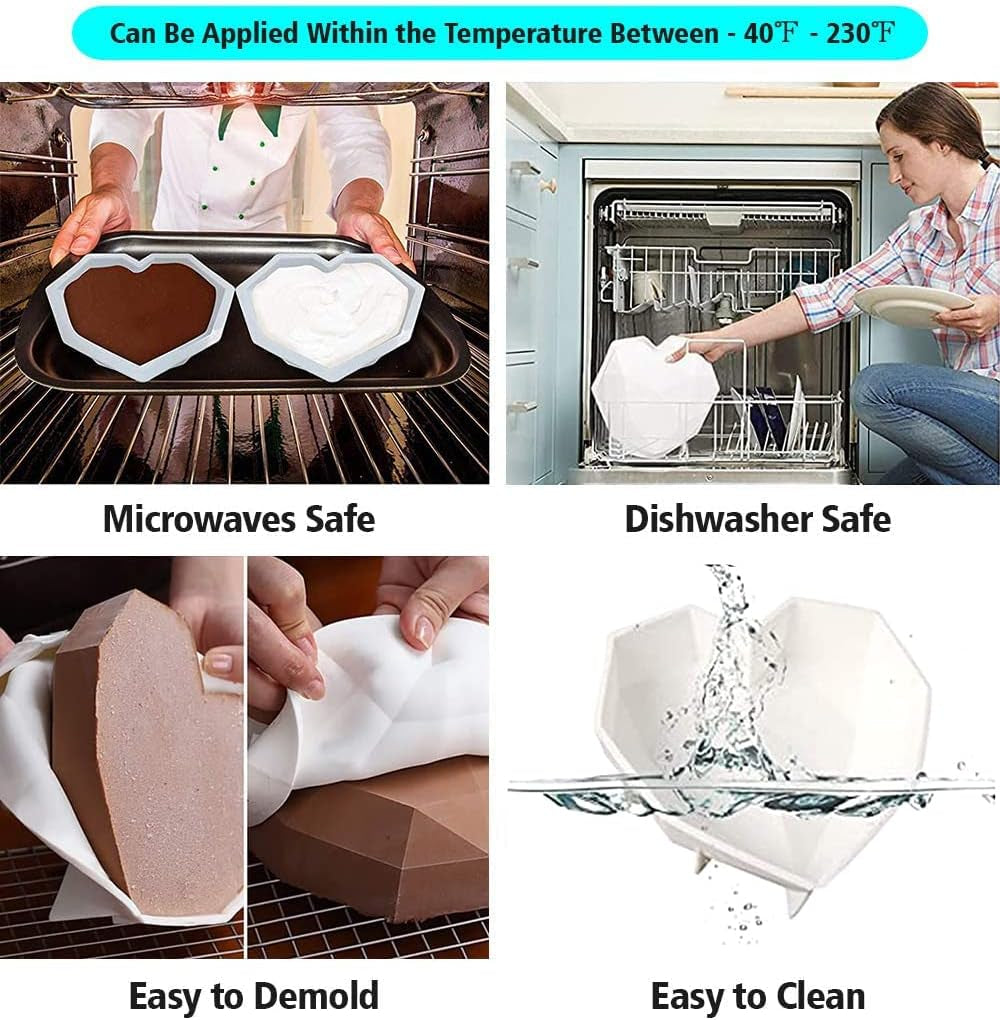KZY Diamond Heart Shaped Mousse Cake Mold Trays, 8.7 Inch Silicone Dessert Baking Pan Safe Not Sticky Mould with 4 Pcs Wooden Hammers and 2 Chocolate Molds for Home Kitchen DIY Baking Tools (Pink)-L8