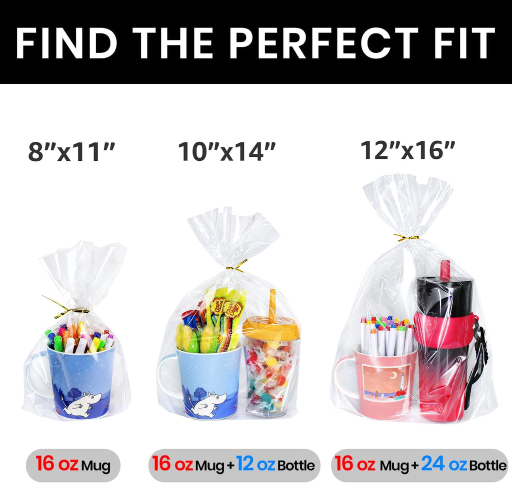 12"X 16", 100Pcs Bottom Gusset Bags, Clear Plastic Cellophane Mug Treat Goodie Gift Bags with 100X Twist Ties, Large Party Favor Packaging, Toy Wrapping (No Side Gusset)