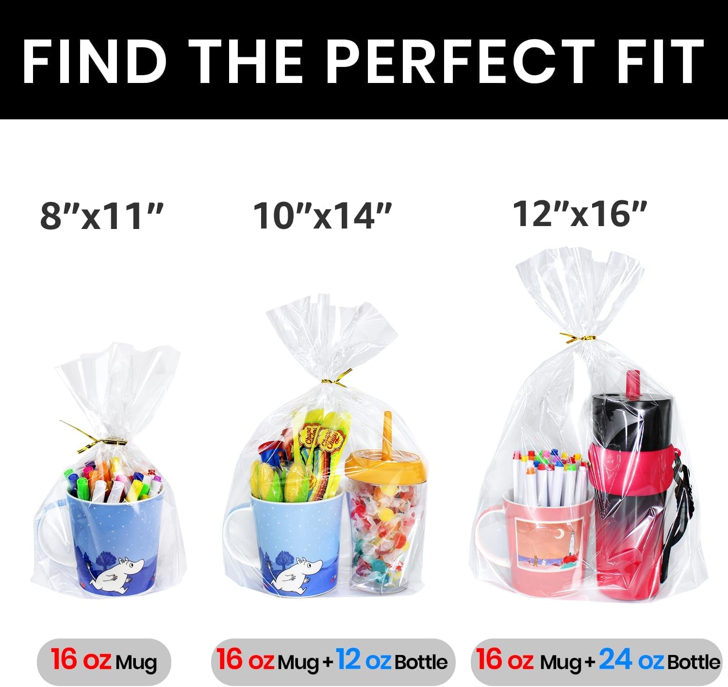 12"X 16", 100Pcs Bottom Gusset Bags, Clear Plastic Cellophane Mug Treat Goodie Gift Bags with 100X Twist Ties, Large Party Favor Packaging, Toy Wrapping (No Side Gusset)