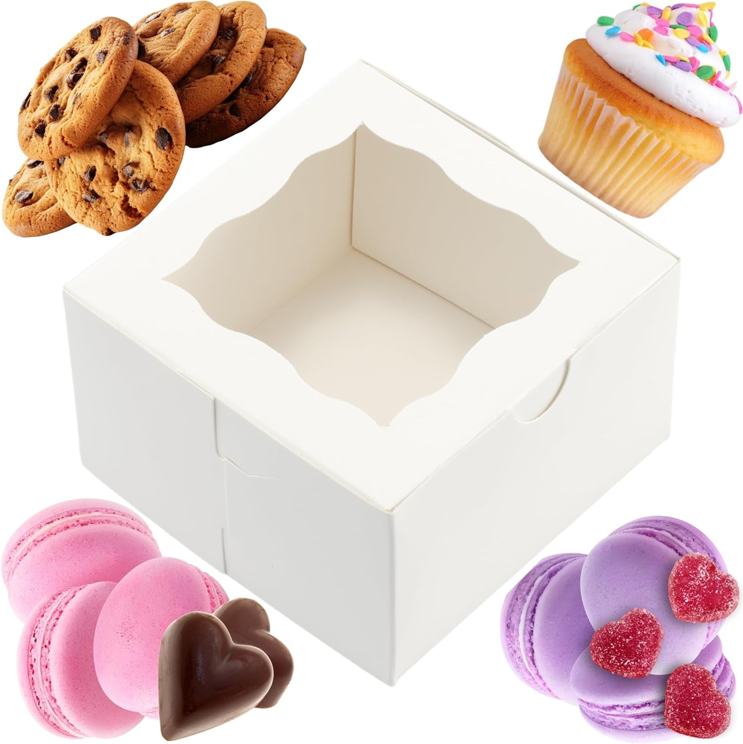 50Pcs White Small Cookie Boxes with Window, 4X4X2.5 Inches Bakery Boxes, Mini Cake, Treats, Macaron Packaging, Individual Cupcake, Gift Giving