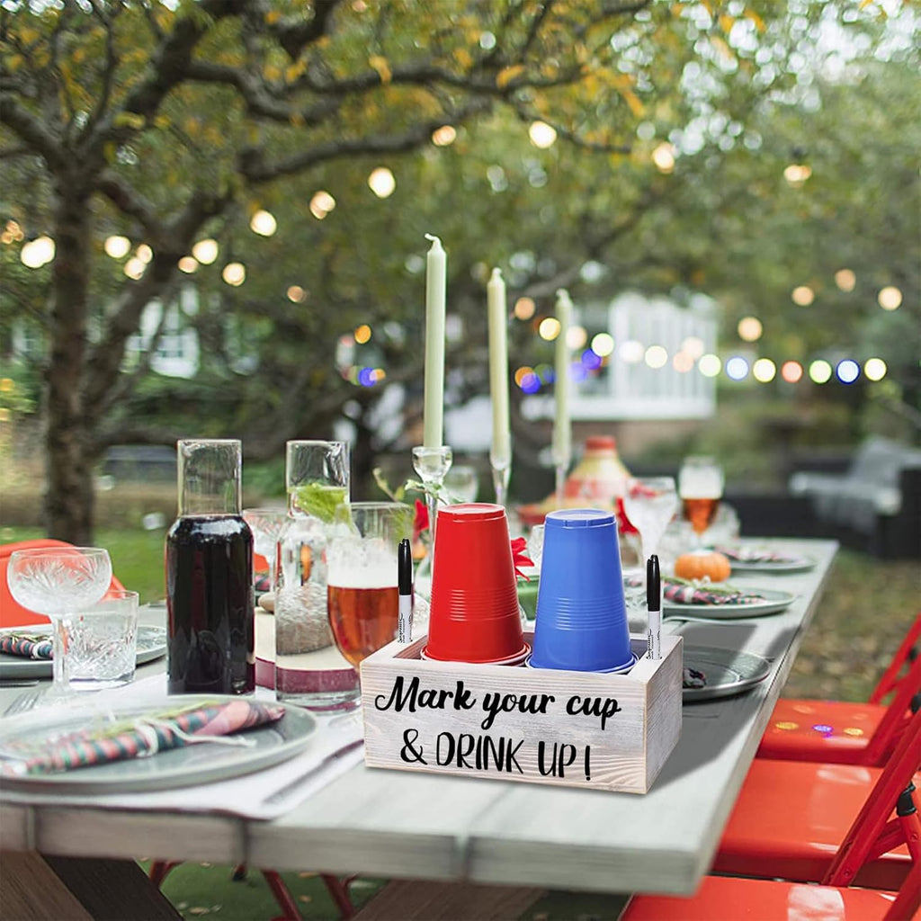 Double Disposable Cup Holder with Marker Slot Wooden Mark Your Cup and Drink up Drink Dispenser 2 Sides Designs for Parties Farmhouse Bar Christmas Housewarming Party Holiday Decor,Hostess Gifts