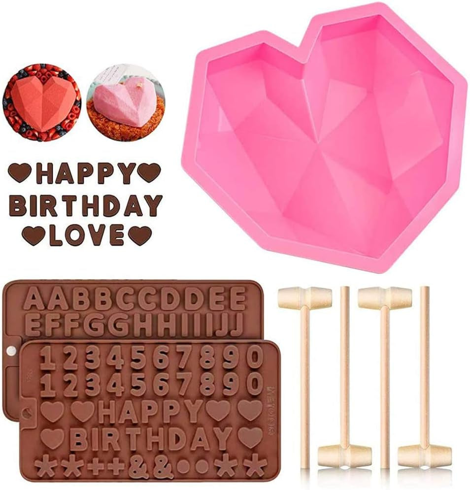KZY Diamond Heart Shaped Mousse Cake Mold Trays, 8.7 Inch Silicone Dessert Baking Pan Safe Not Sticky Mould with 4 Pcs Wooden Hammers and 2 Chocolate Molds for Home Kitchen DIY Baking Tools (Pink)-L8