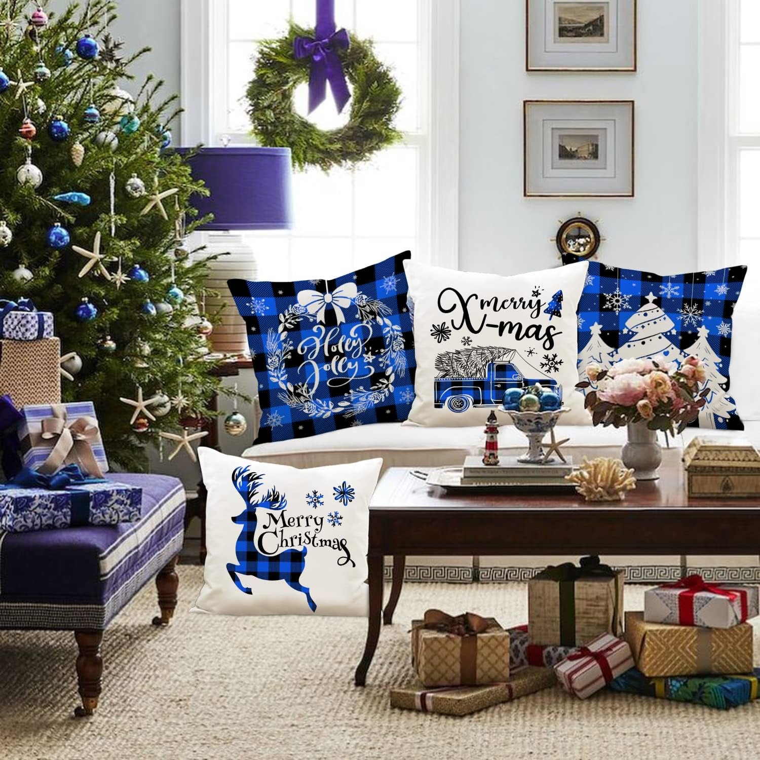 Christmas Throw Pillow Covers 16X16 Set of 4, Decorative Holiday Farmhouse Merry Xmas 16 X 16 Buffalo Check Plaid Cushion Pillow Cases for Outdoor Indoor Home House Room Couch Decor (Blue)
