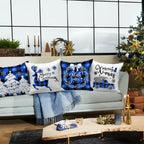 Christmas Throw Pillow Covers 16X16 Set of 4, Decorative Holiday Farmhouse Merry Xmas 16 X 16 Buffalo Check Plaid Cushion Pillow Cases for Outdoor Indoor Home House Room Couch Decor (Blue)