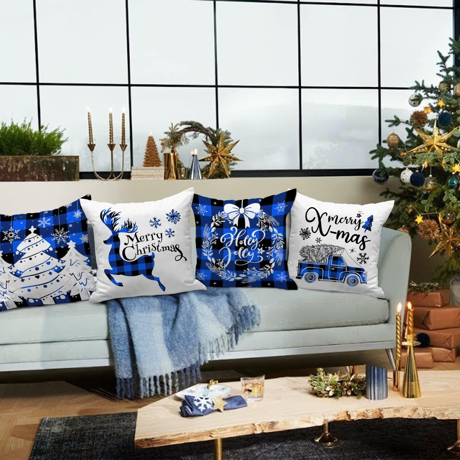 Christmas Throw Pillow Covers 16X16 Set of 4, Decorative Holiday Farmhouse Merry Xmas 16 X 16 Buffalo Check Plaid Cushion Pillow Cases for Outdoor Indoor Home House Room Couch Decor (Blue)