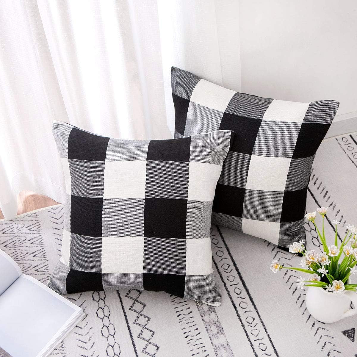 Set of 2 Buffalo Check Plaid Pillows Farmhouse Decor Christmas Pillow Covers Fall Outdoor Pillows outside Porch Pillows Cotton Linen Throw Pillow Covers Black White 18 X 18 Inches