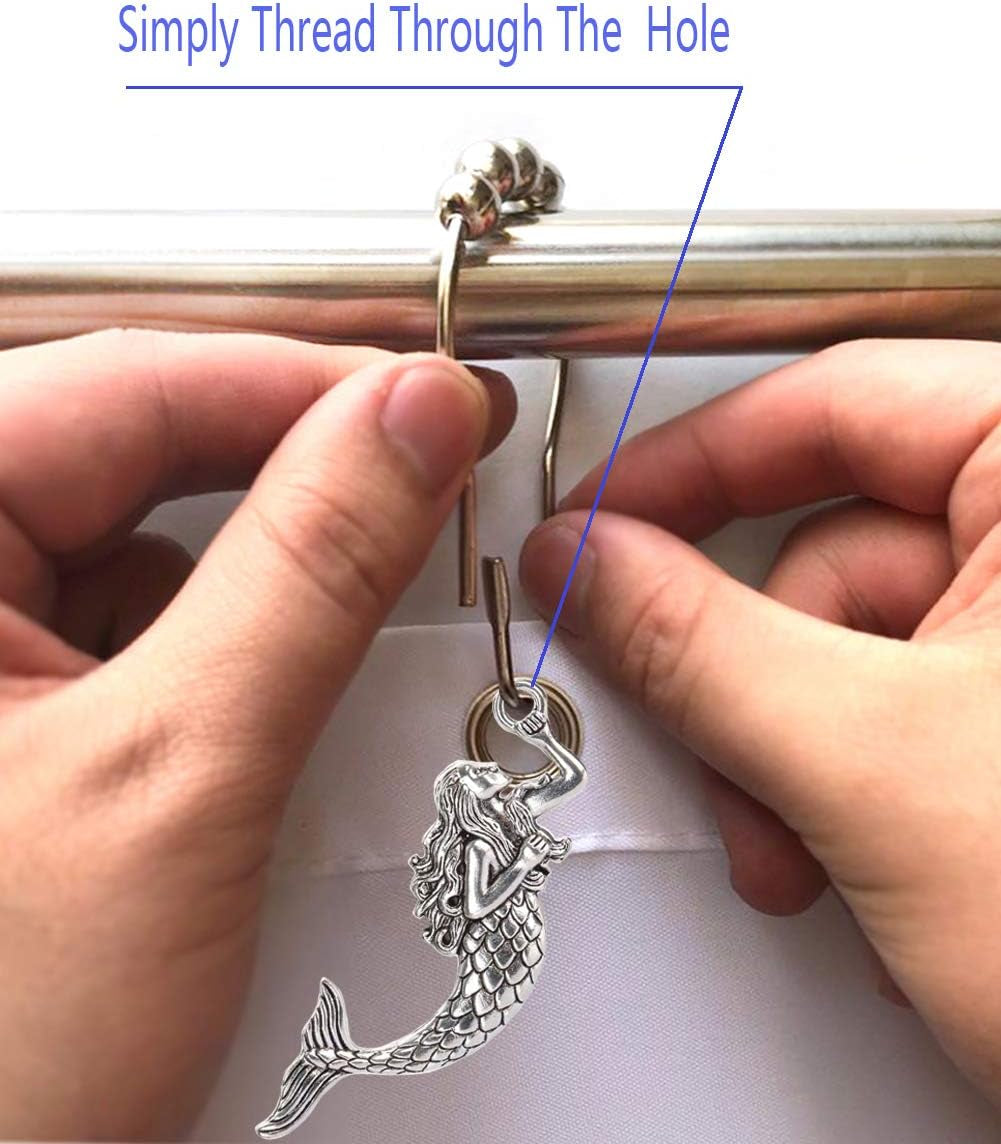 Mermaid Shower Curtain Hooks Rings - Silver Shower Curtain Hangers Rust Proof Shower Hooks for Shower Curtain, Decorative Bathroom Accessories Set, Sea Beach Theme Bathroom Decor, Set of 12
