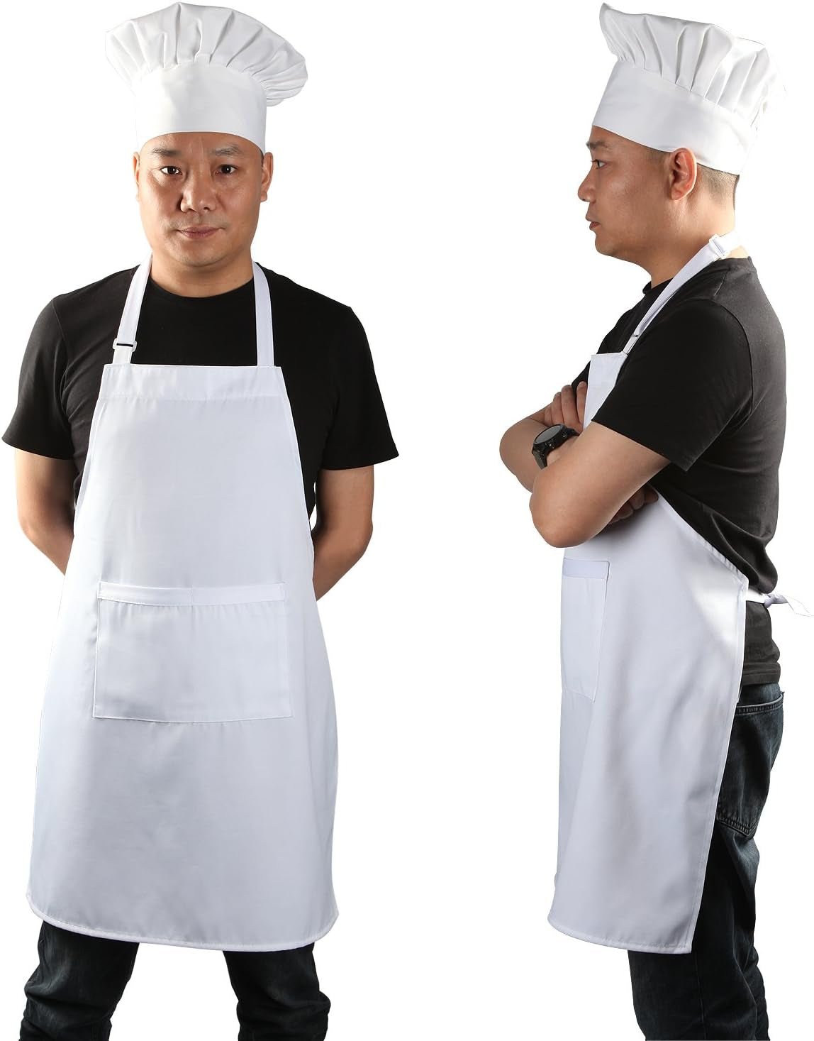 Chef Apron and Hat for Men and Women, Machine Washable Kitchen Cooking Apron for BBQ, Grilling, Baking, 1 Set (33" L X 26" W)