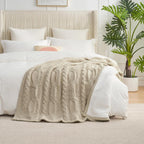 Cable Knit Sherpa Throw Blanket for Couch Twin, Chenille Reversible Soft Cozy Fleece Throw Blankets for Bed Sofa Chair Living Room Comfortable Home Spring Decor, 60"X80", Beige