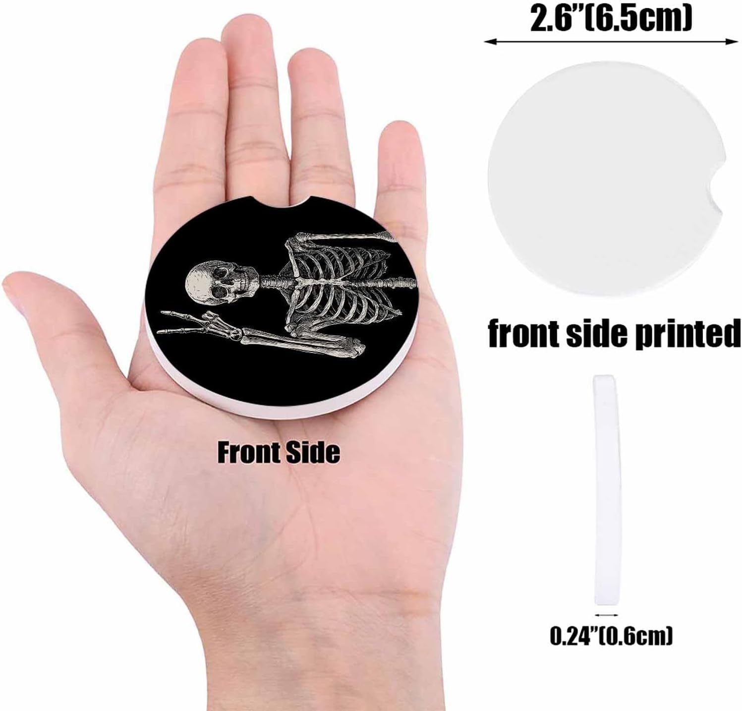 Cup Holders Car Coasters for Women/Men - 2 Pack Absorbent Ceramic Stone Drinks Coaster Set, Funny Skull Skeleton Halloween Victory