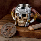 Viking Stainless Steel Skull Mug with Coaster, Horn Skull Beer Tankard, Medieval Drinkware for Coffee, Beverage, Juice - 17Oz