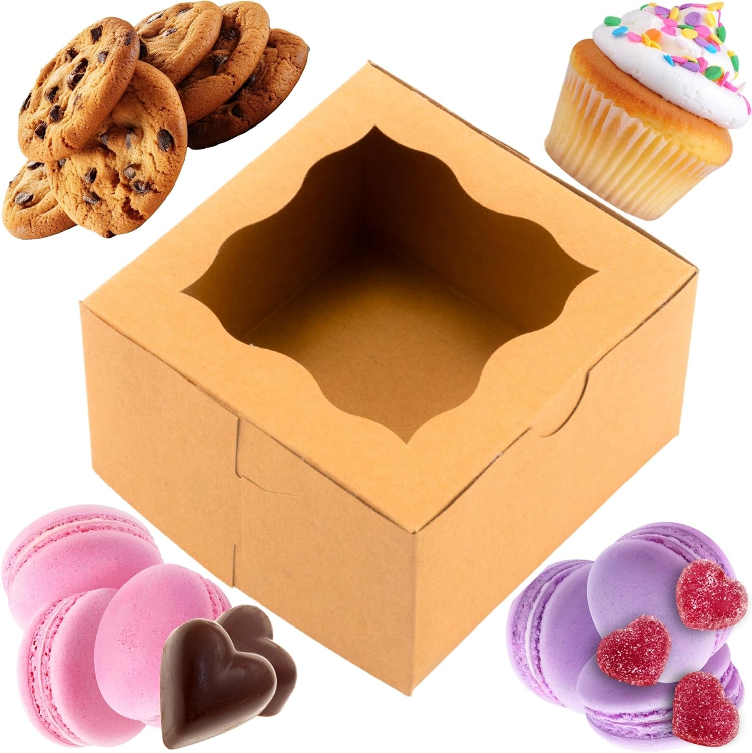 12Pcs Brown Small Cookie Boxes with Window, 4X4X2.5 Inches Bakery Boxes, Mini Cake, Treats, Macaron Packaging, Individual Cupcake, Gift Giving