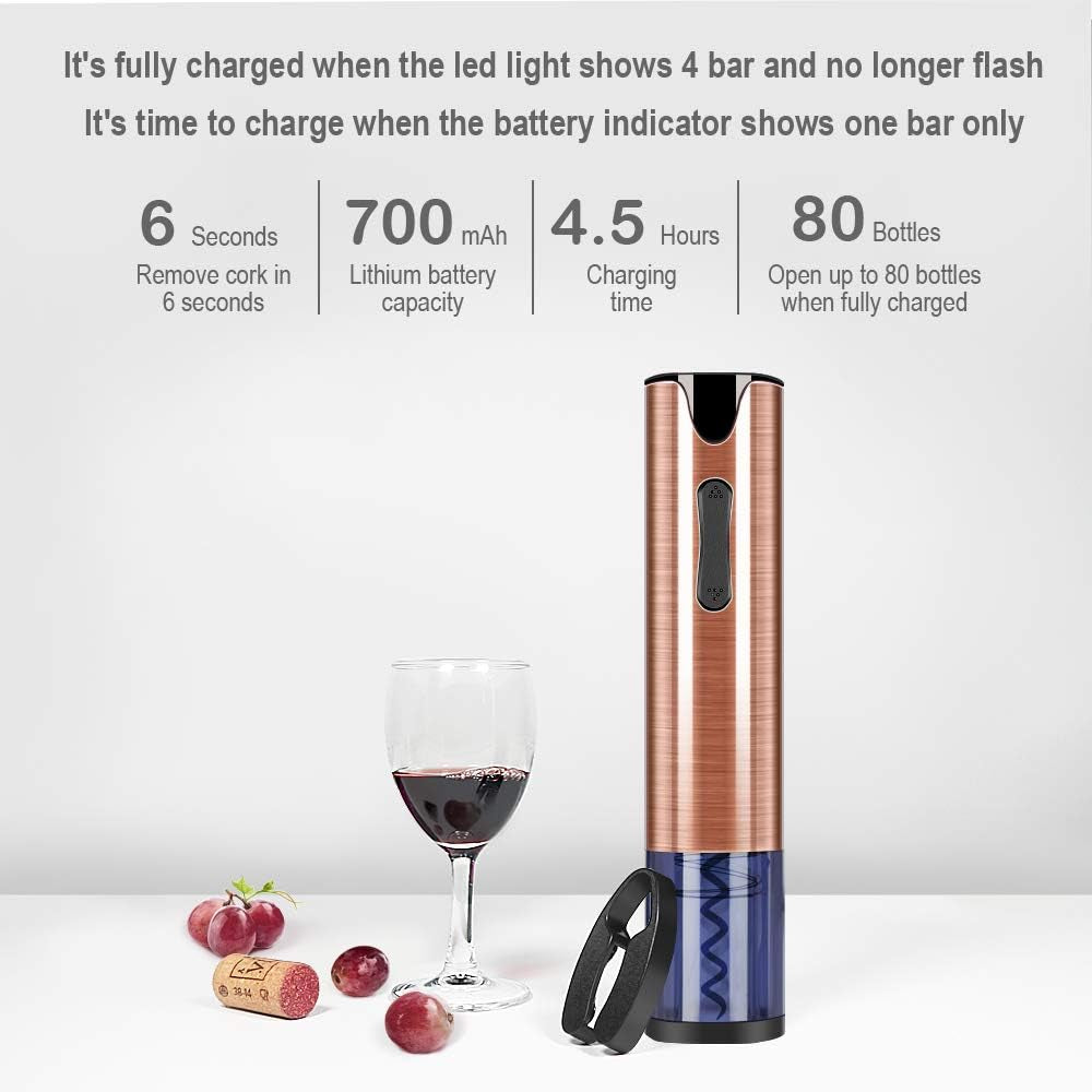 FLASNAKE Electric Wine Opener Rechargeable Cordless Automatic Corkscrew Wine Bottle Opener with Foil Cutter Stainless Steel Rose Gold …