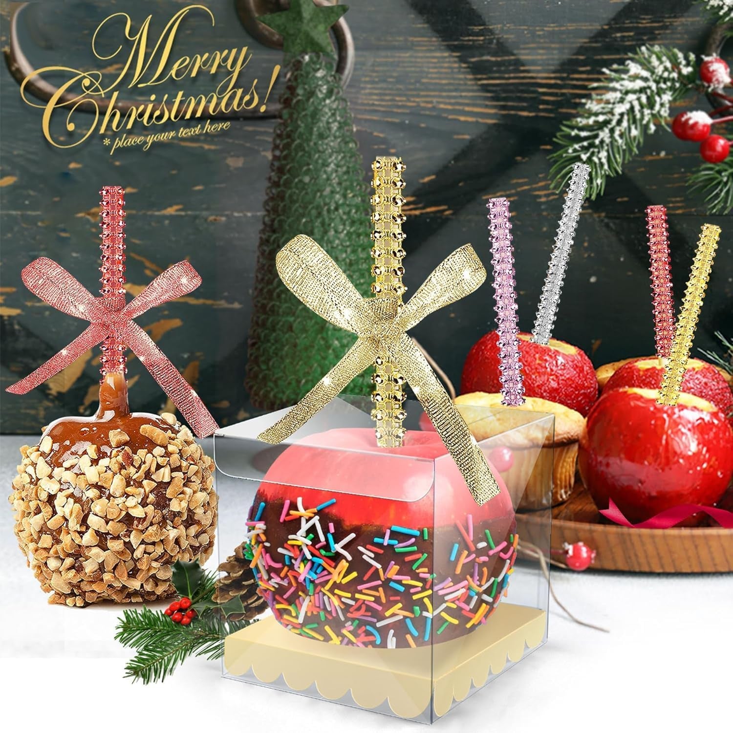 24 Pack Bling Candy Apple Sticks and Bags Kits, Caramel Apple Wooden Skewers,Food Bamboo Decorative Sticks for Rice Krispie Treats Cookie Cake Pops Corn Dogs with Glass Wrapper Glitter Ribbons Tie