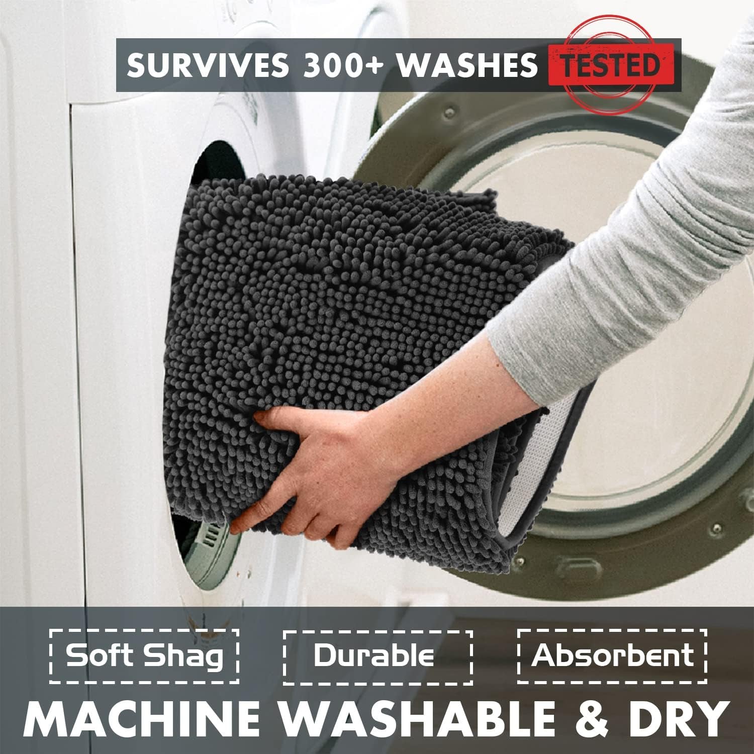 2 Piece Bathroom Rug Set - Premium Plush Bath Mat Shower Rugs, 1" Chenille Microfiber, Non-Slip & Absorbent, Soft & Cozy, Durable Stylish (20X30 & 16X24 Inches, Black)