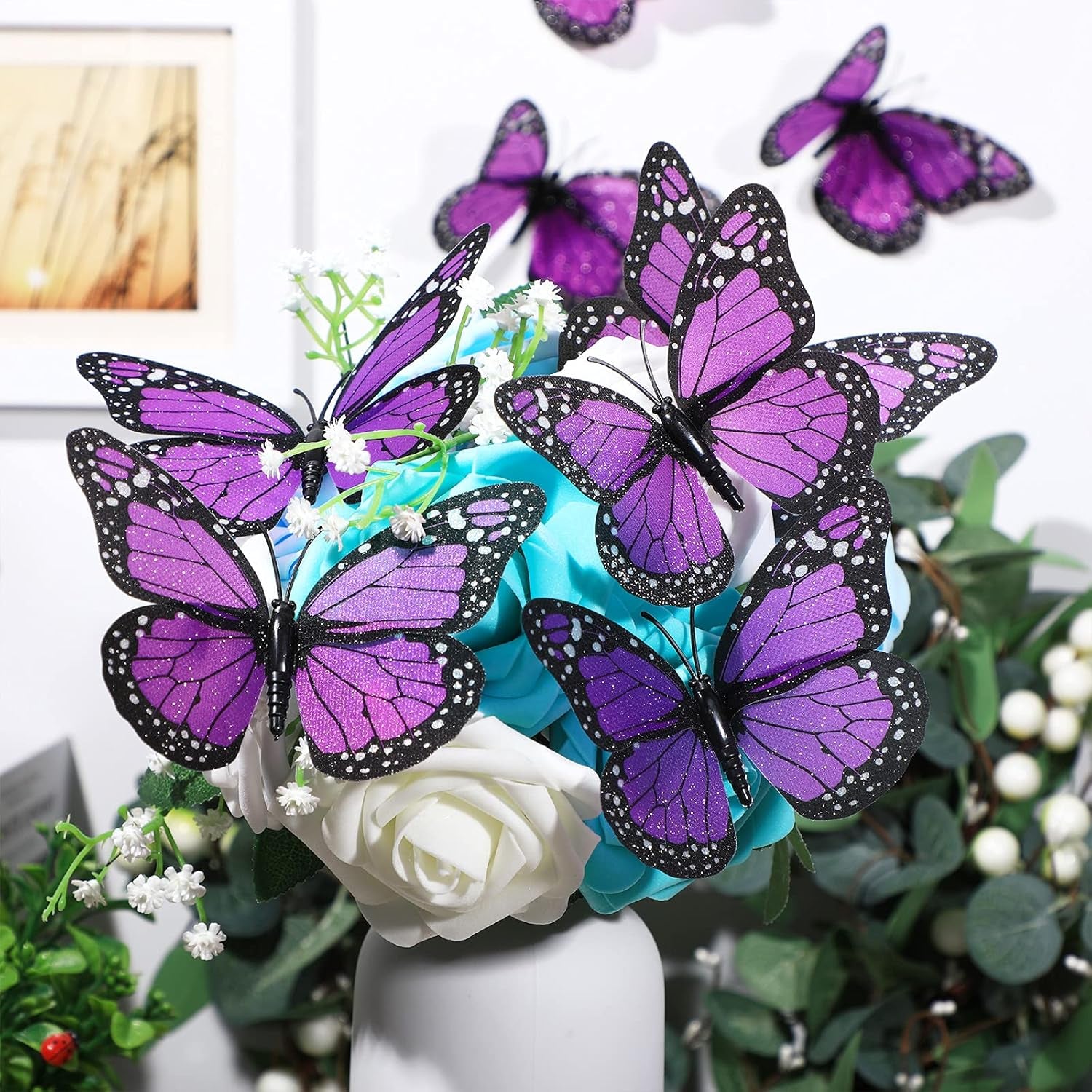 24 Pieces Purple Monarch Butterfly Decorations Magnet 4.7 Inch Purple Butterfly Glitter 3D Butterflies Wall Decor for Crafts Halloween Classroom Flower Arrangements Supplies