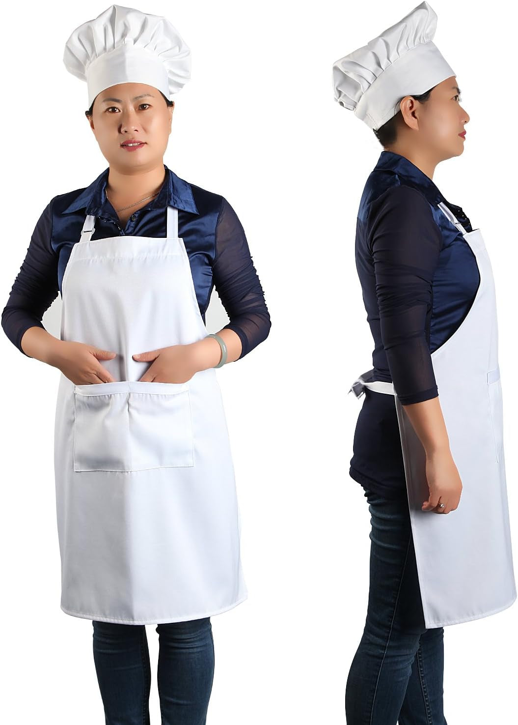 Chef Apron and Hat for Men and Women, Machine Washable Kitchen Cooking Apron for BBQ, Grilling, Baking, 1 Set (33" L X 26" W)