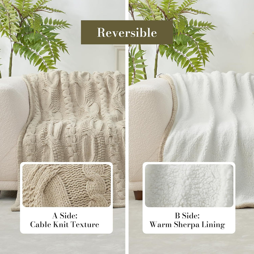 Cable Knit Sherpa Throw Blanket for Couch Twin, Chenille Reversible Soft Cozy Fleece Throw Blankets for Bed Sofa Chair Living Room Comfortable Home Spring Decor, 60"X80", Beige
