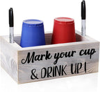 Double Disposable Cup Holder with Marker Slot Wooden Mark Your Cup and Drink up Drink Dispenser 2 Sides Designs for Parties Farmhouse Bar Christmas Housewarming Party Holiday Decor,Hostess Gifts