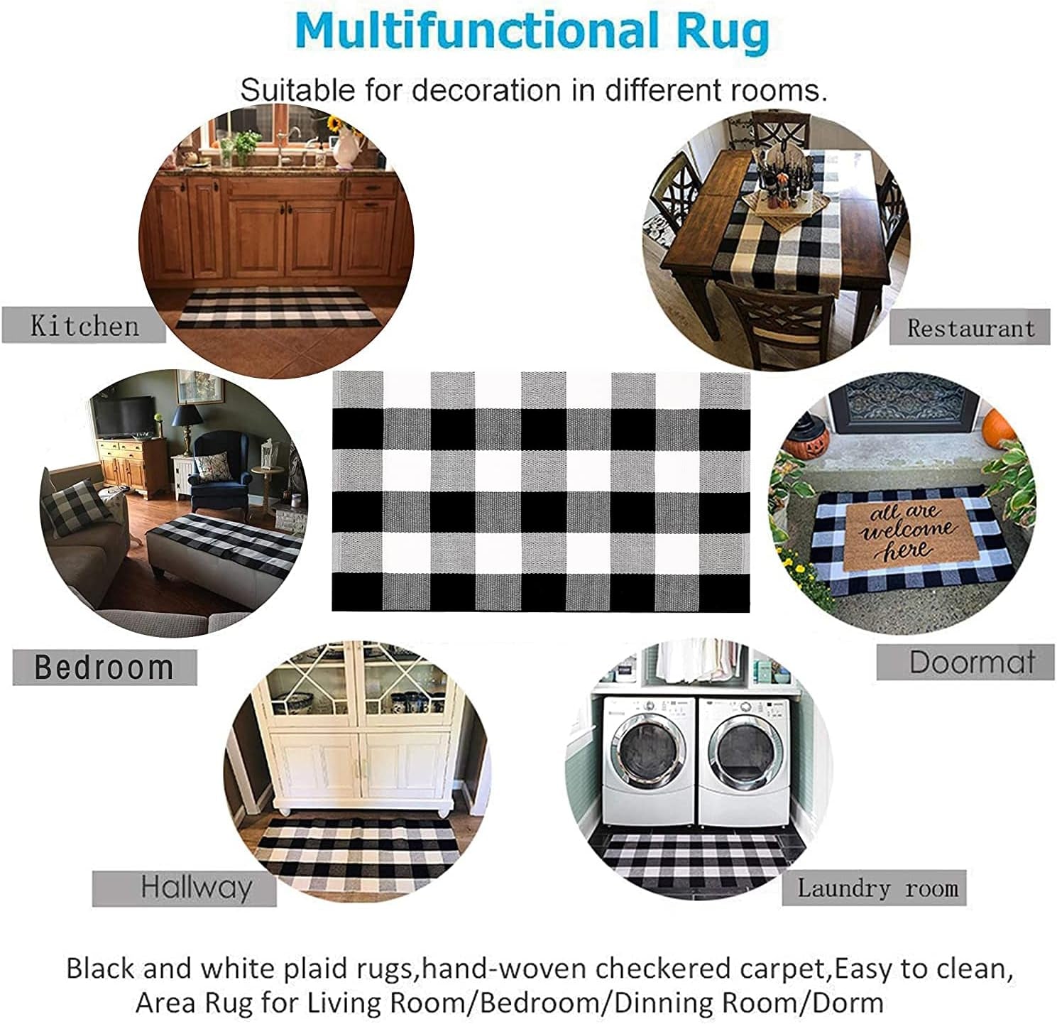 Buffalo Plaid Rug 24 X 51 Inch for Layered Hello Door Mats Washable Black and White Reversible Checked Outdoor Rugs Carpet for Front Door Entryway