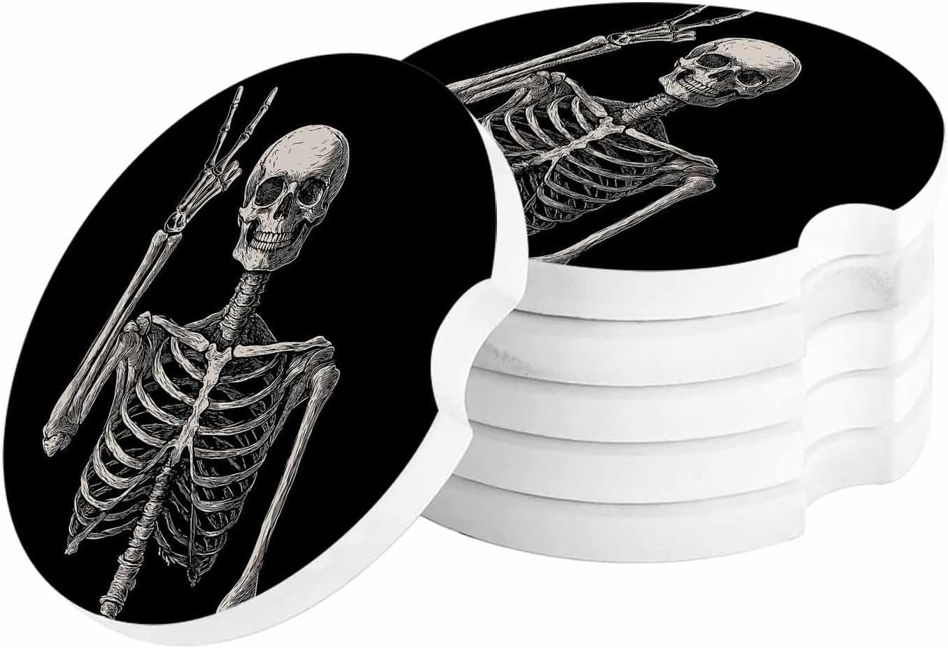 Cup Holders Car Coasters for Women/Men - 2 Pack Absorbent Ceramic Stone Drinks Coaster Set, Funny Skull Skeleton Halloween Victory