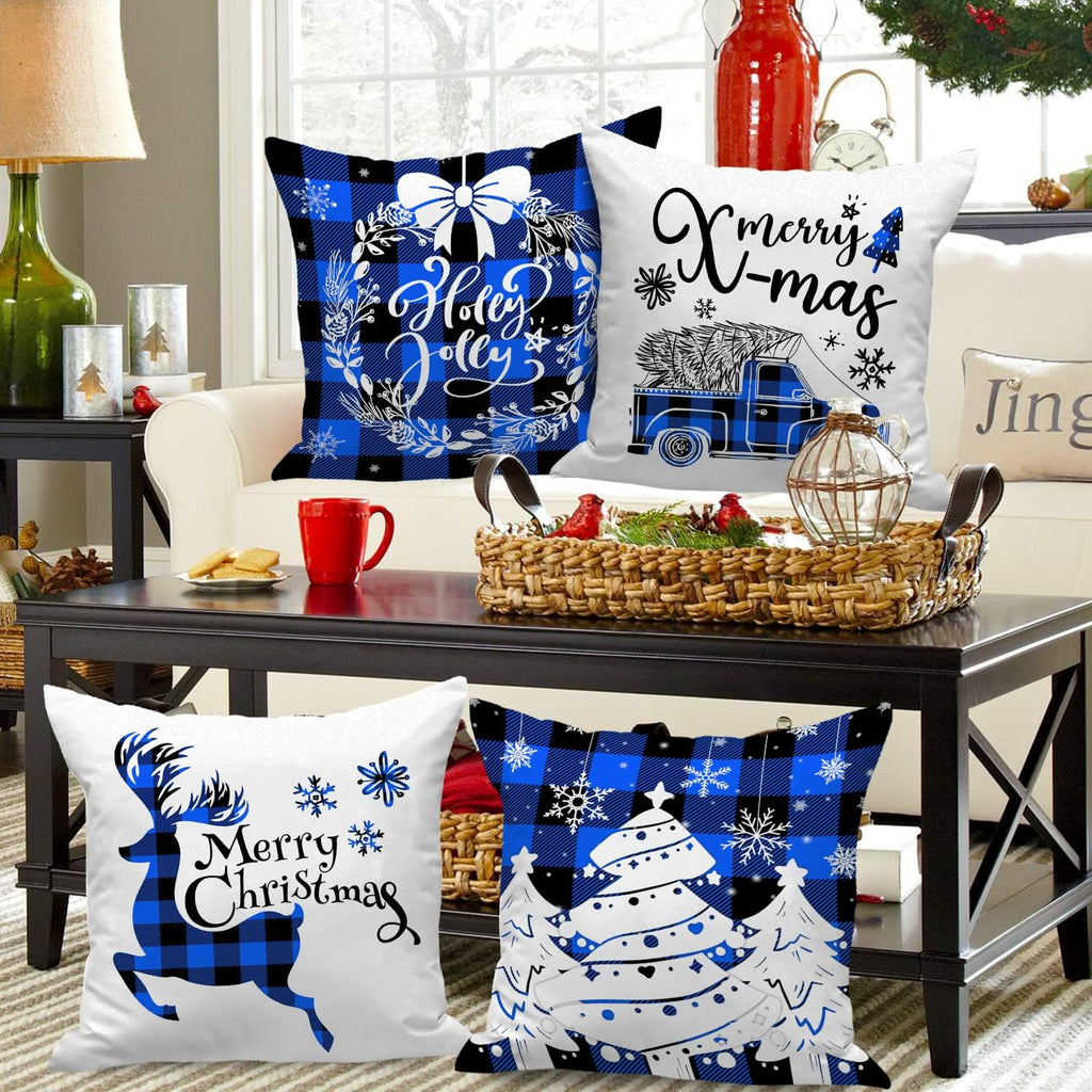 Christmas Throw Pillow Covers 16X16 Set of 4, Decorative Holiday Farmhouse Merry Xmas 16 X 16 Buffalo Check Plaid Cushion Pillow Cases for Outdoor Indoor Home House Room Couch Decor (Blue)