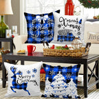 Christmas Throw Pillow Covers 16X16 Set of 4, Decorative Holiday Farmhouse Merry Xmas 16 X 16 Buffalo Check Plaid Cushion Pillow Cases for Outdoor Indoor Home House Room Couch Decor (Blue)