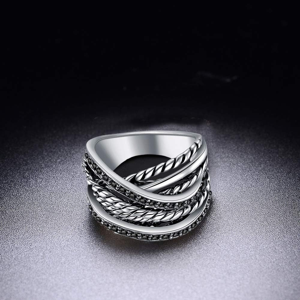 Vintage Wide Ring Classic Black Marcasite Crystal Rows Statement Silver Chunky Rings