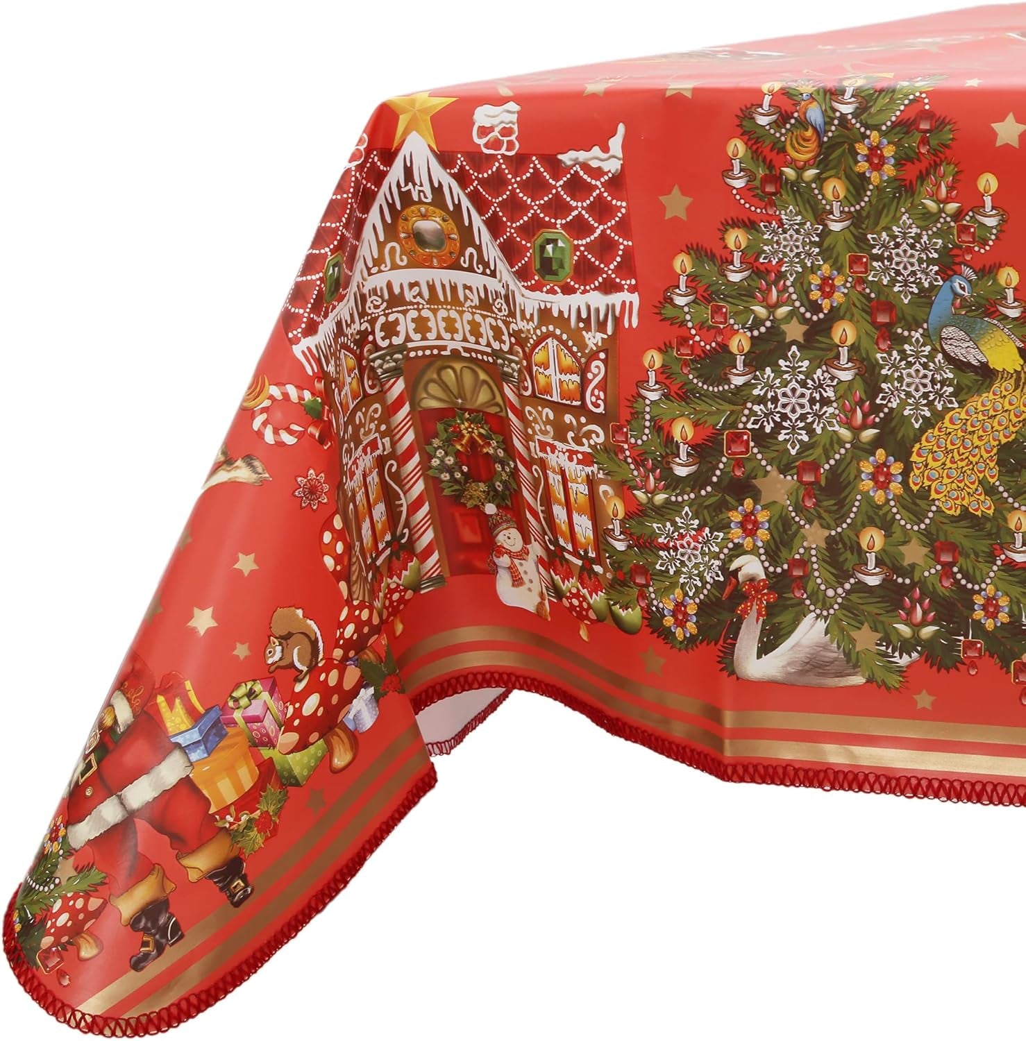 Heavy Duty Flannel Backed Vinyl Tablecloth with Flannel Backing Easy to Wipe-Clean Oilcloth Waterproof Plastic Rectangle 55X90 Inch Red Table Cover for Christmas
