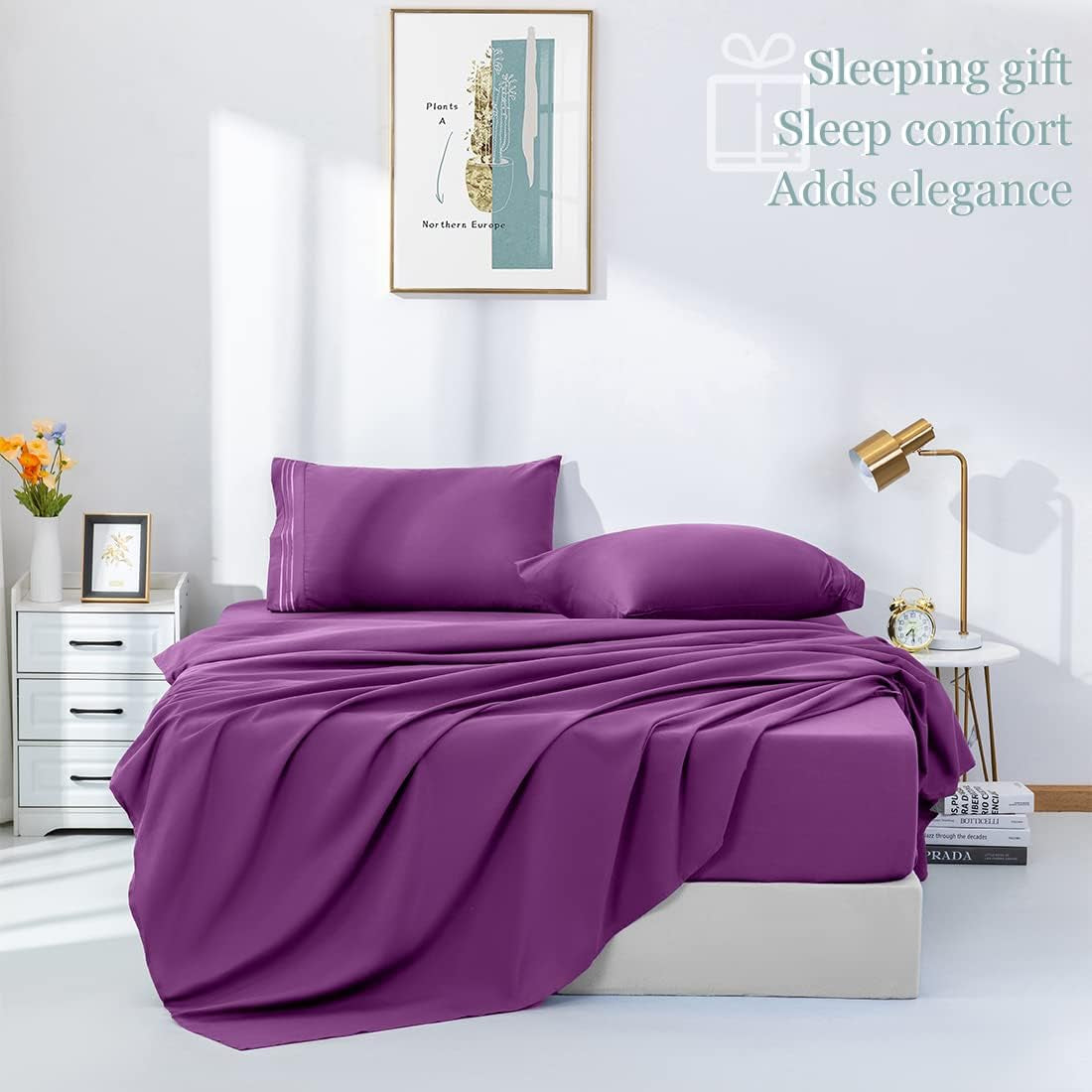 Bed Sheet Set Queen Size 16 Inches Deep Pocket 1800 Thread Count 100% Microfiber Sheet,Bedding Super Soft Comfortable, Cool Warm,4 Piece（Purple）